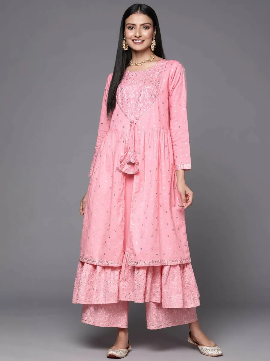 Ahalyaa Pink & Gold Ethnic Printed Layered Front Slit Cotton Anarkali Kurta Palazzos