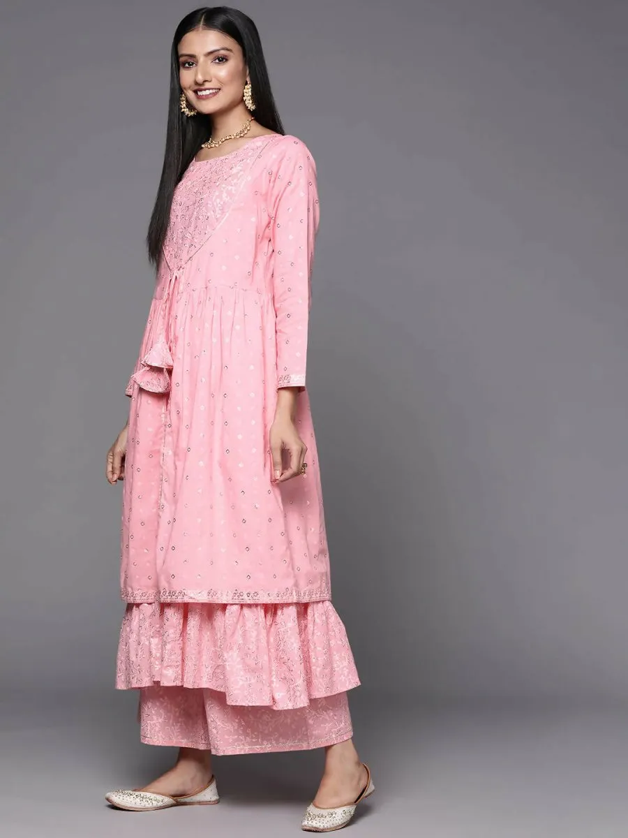Ahalyaa Pink & Gold Ethnic Printed Layered Front Slit Cotton Anarkali Kurta Palazzos