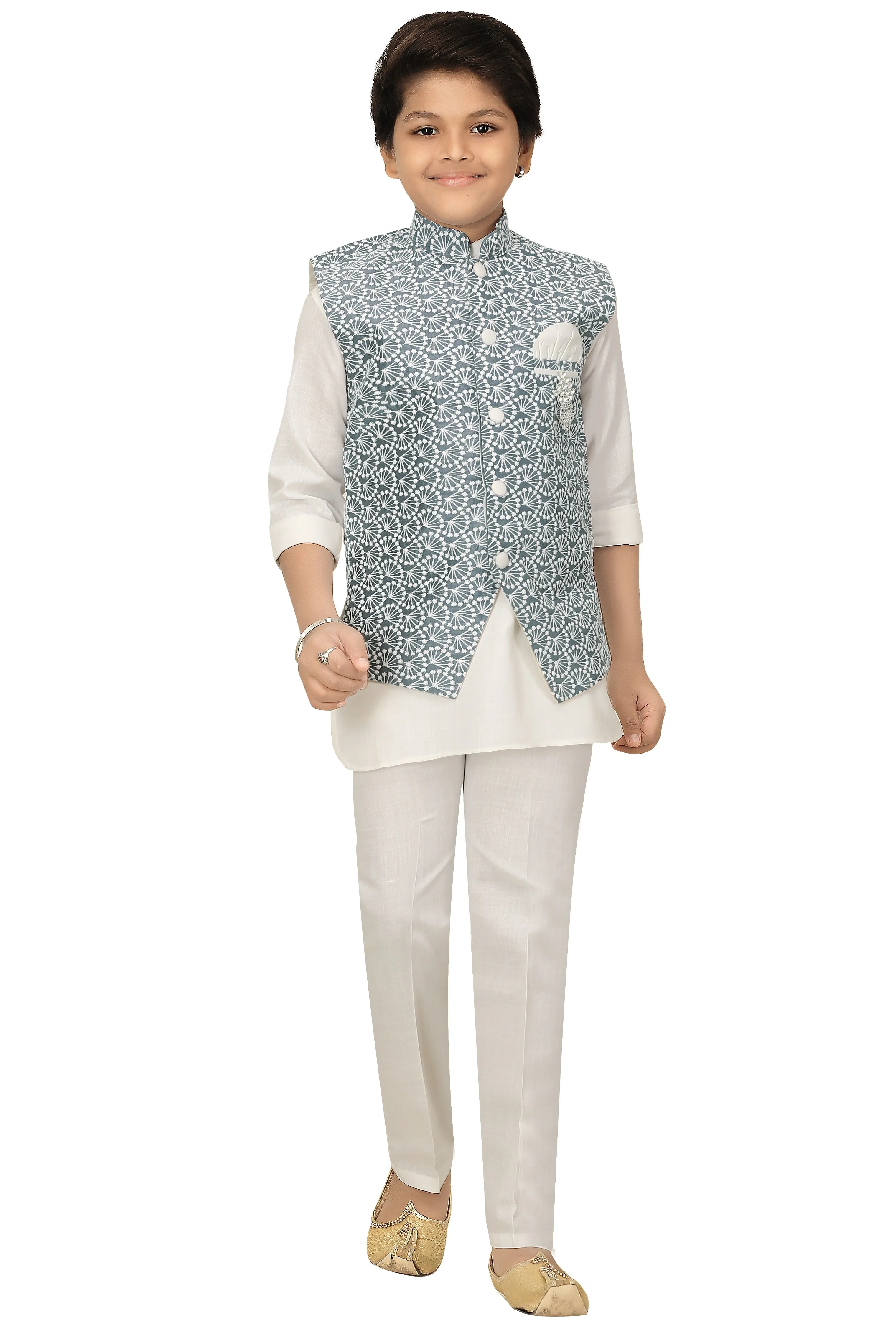 Ahhaaaa Kids Ethnic Chikankari Embroidery Waistcoat Kurta and Pajama Set For Boys