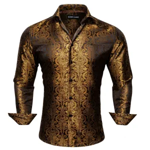 Barry Wang Brown Paisley Shirt Silk Men's Long Sleeve Button Up Shirt