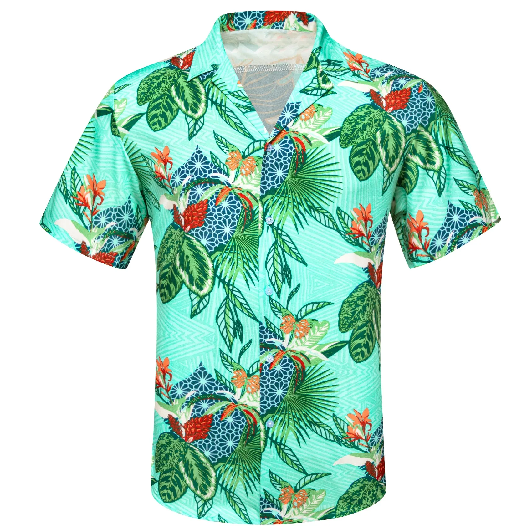 Barry Wang Men's Shirt Turquoise Floral Short Sleeves Silk Summer Hawaii Shirt