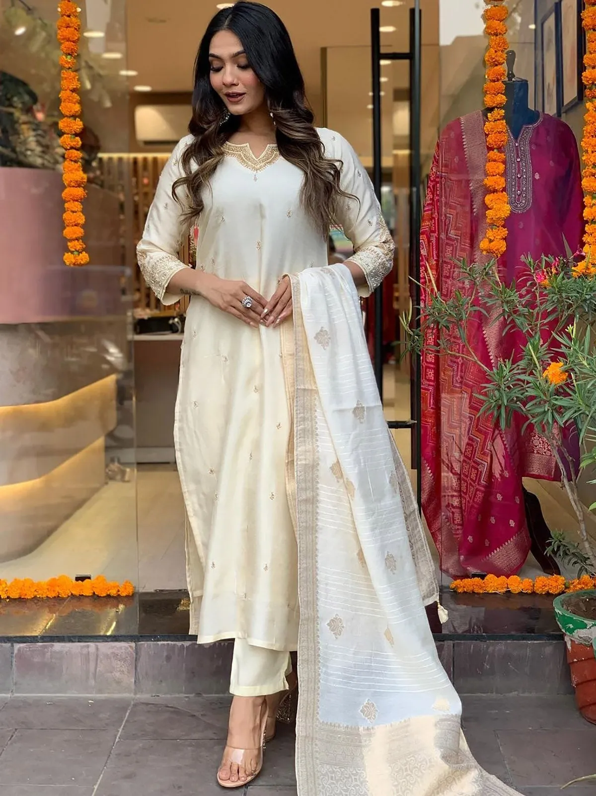 Beautiful Off-White Embroidered Viscose Festival Wear Pant Suit
