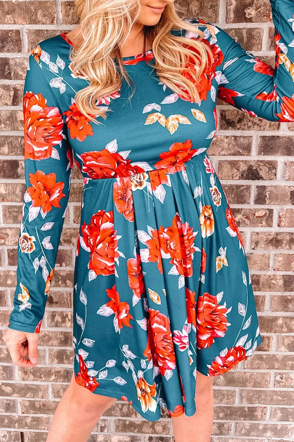 Blue Floral Long Sleeve Mini Dress