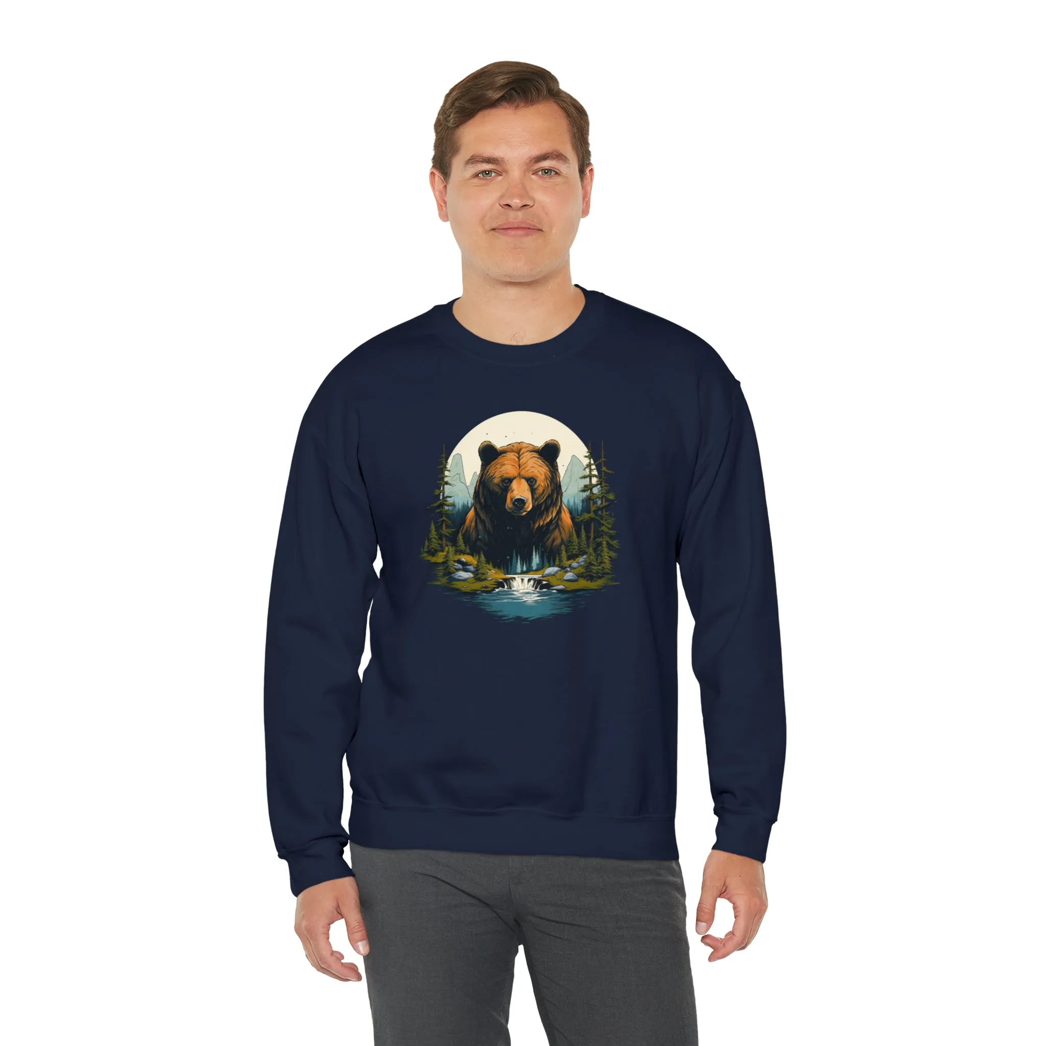 Brown Bear Sweatshirt, Forest River Animal Graphic Crewneck Fleece Cotton Sweater Jumper Pullover Men Women Adult Aesthetic Top