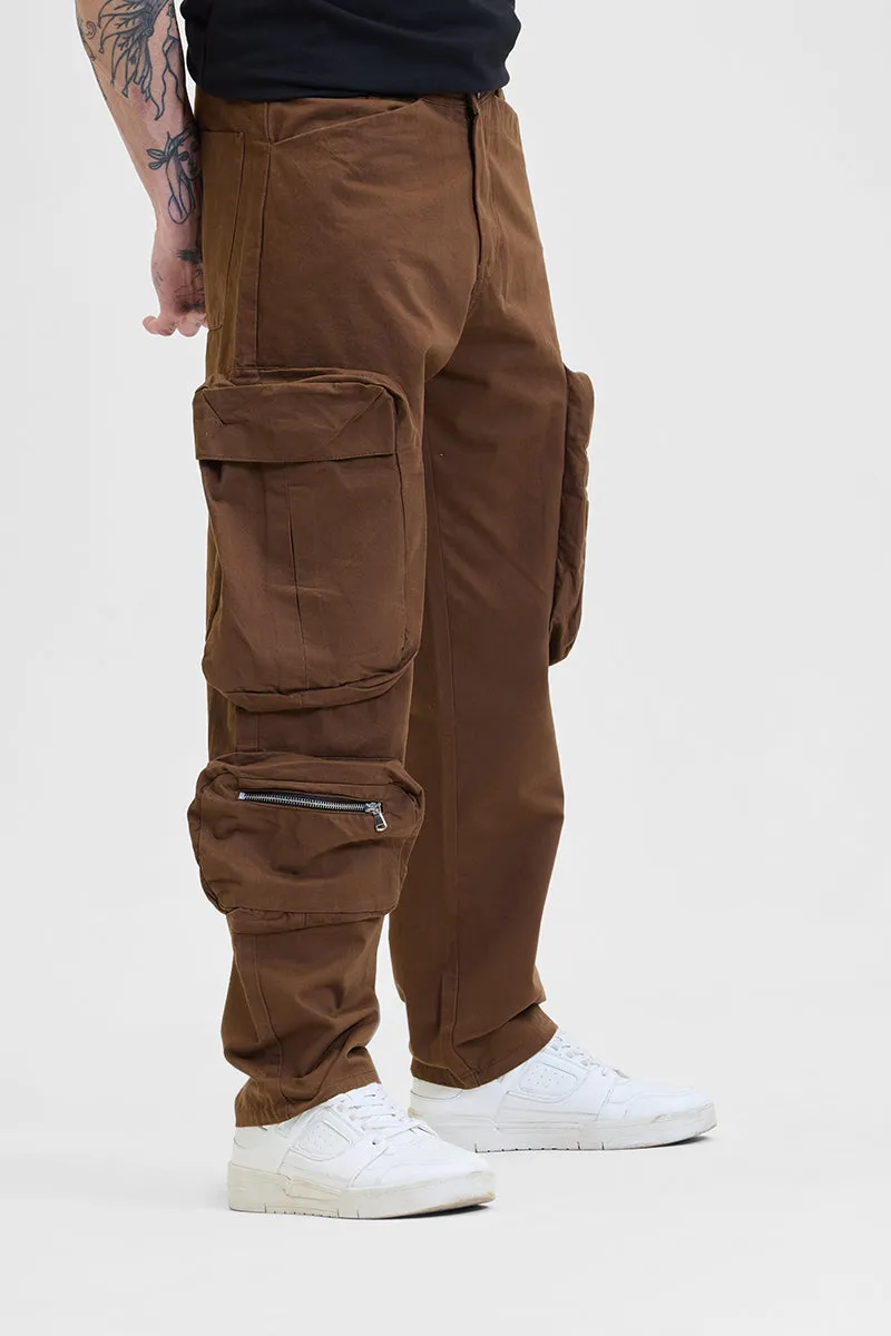 Brown Relaxed Fit Multi-Pocket Cargo Pants