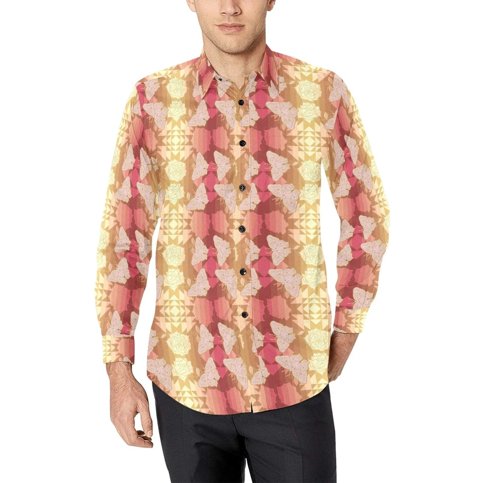 Butterfly and Roses on Geometric Men's Casual Dress Shirt