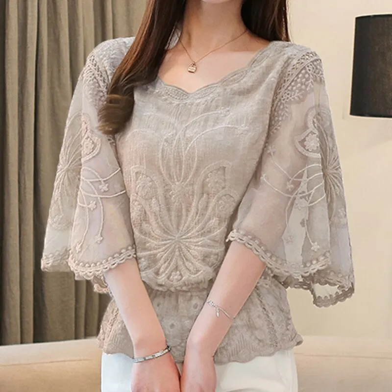 Butterfly Flower Half Sleeve Chiffon Blouse
