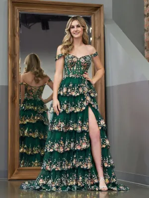 Capri | Green Crystal Sequins Princess A Line Off the Shoulder Prom Dress with Lace Ruffles