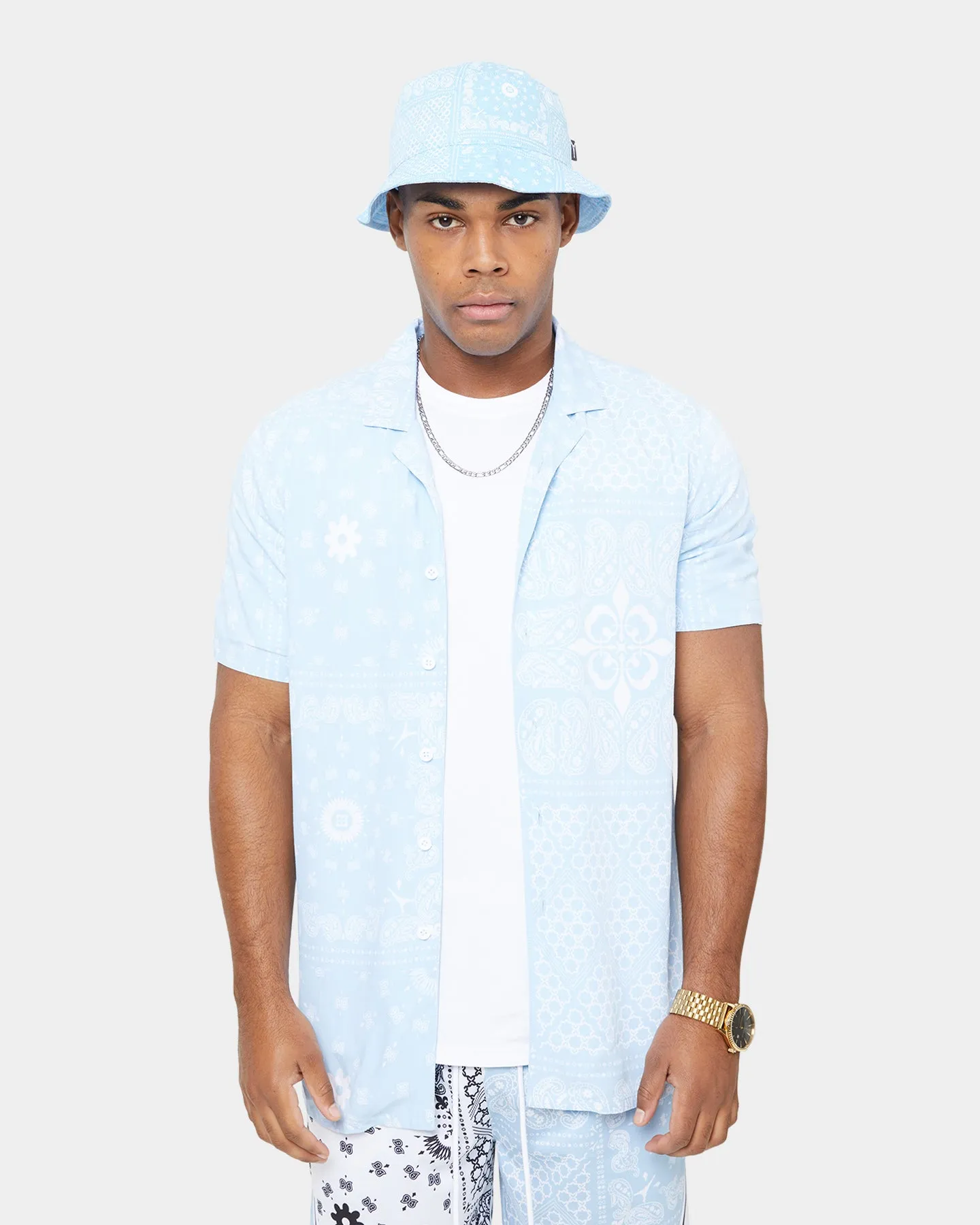 Carre Bandana Ultra Short Sleeve Button Up Shirt Light Blue