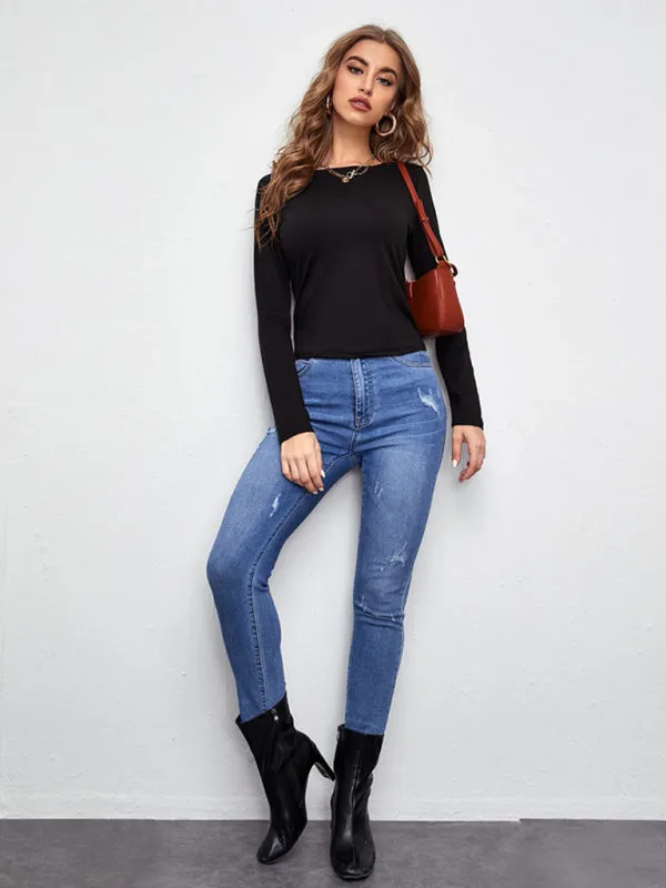 Colleen Women's Hollowed Back Tie Tie Long-Sleeved T-Shirt