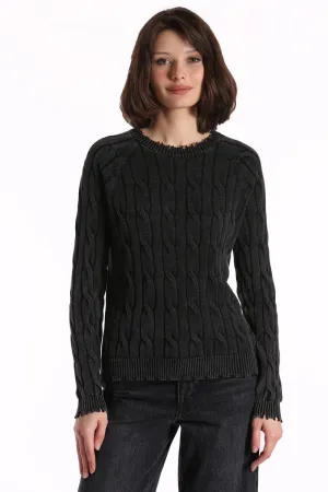 Cotton Stone Wash Distressed Cable Crew | Black