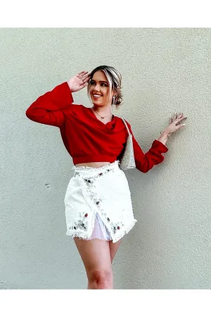 Effortlessly Glamorous White Tweed Skirt