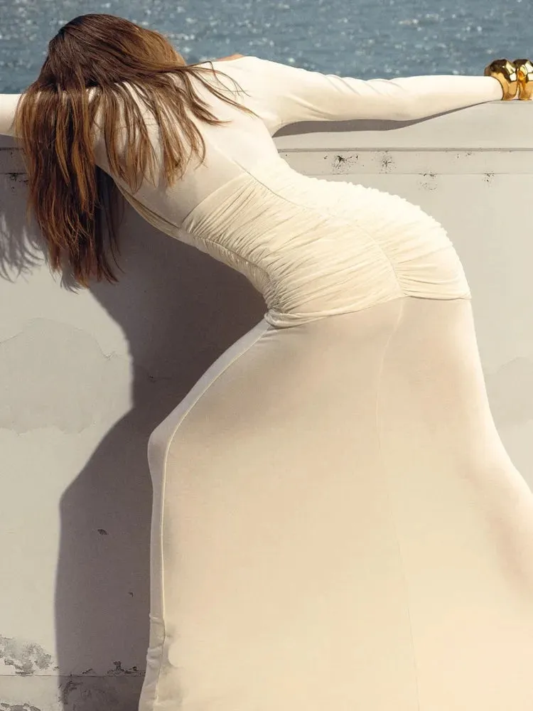 Elegant Long Sleeve Mesh Patchwork Bodycon Evening Dress