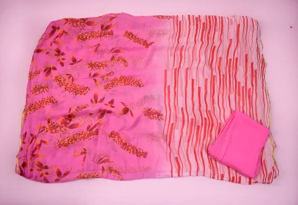 Floral Print Pink Color Chiffon Saree