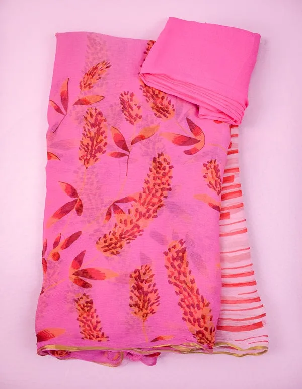 Floral Print Pink Color Chiffon Saree