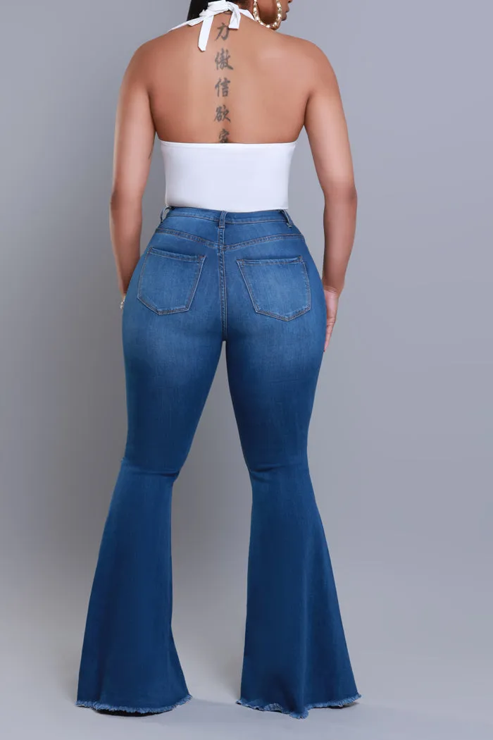 Frontline High Rise Frayed Bell Bottom Jeans - Mid Wash