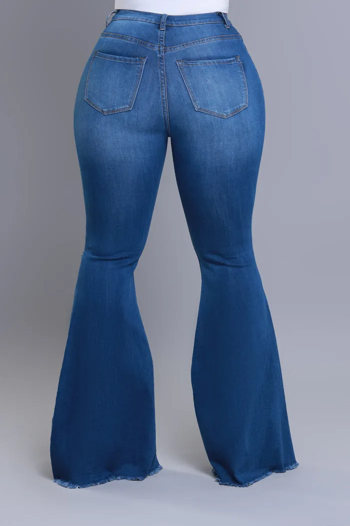 Frontline High Rise Frayed Bell Bottom Jeans - Mid Wash
