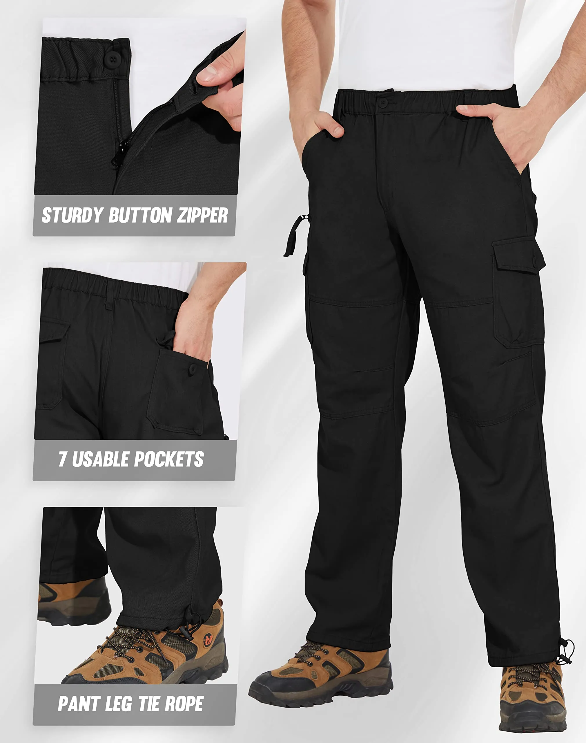 GLESTORE Cargo Pants for Men Relaxed Fit Work Pants with Pockets and Drawstring Mens Slacks Expandable Waist Black 34