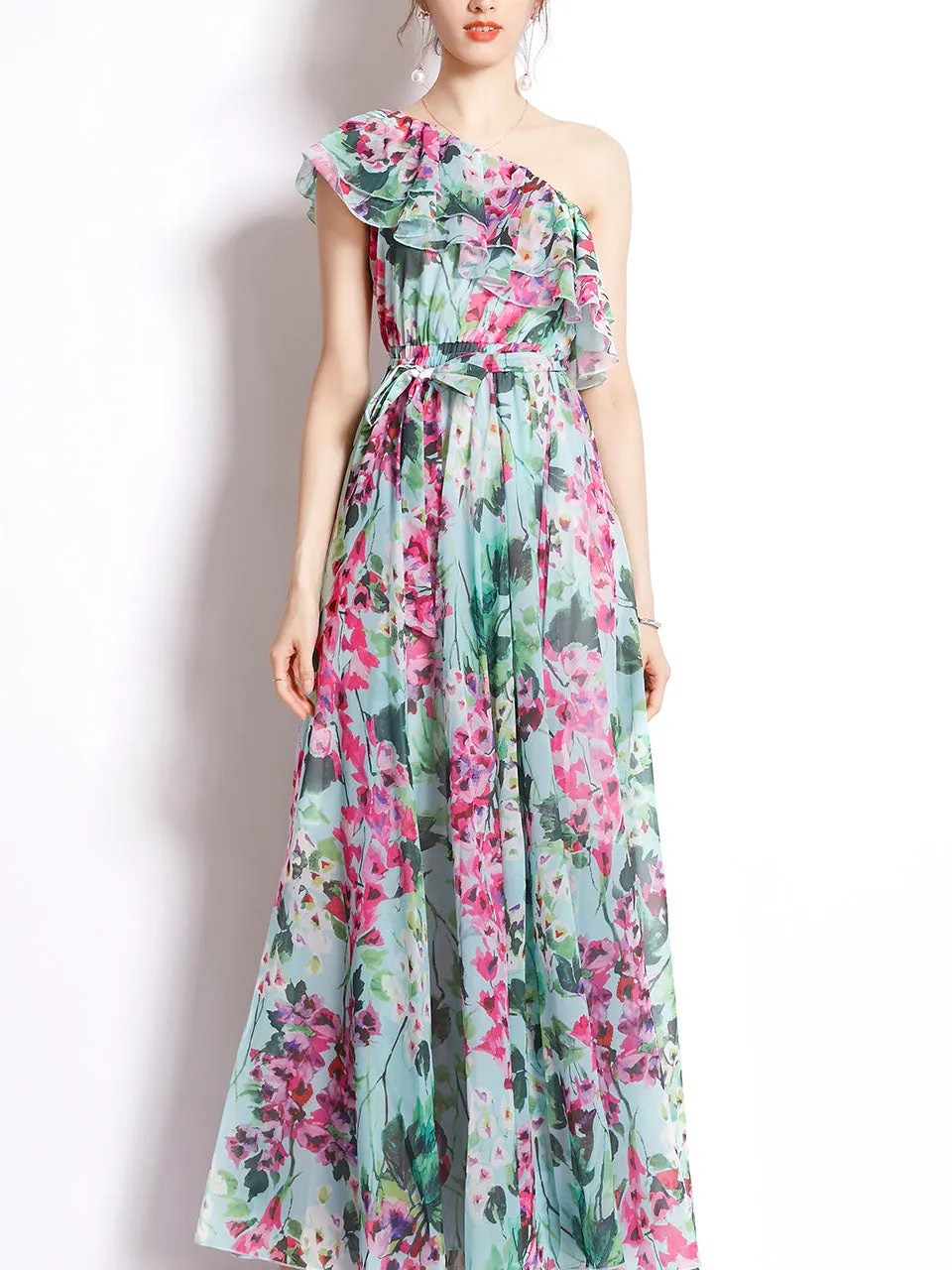 Green One Shoulder Rose Floral Print Ruffles Boho Dress Maxi Dress