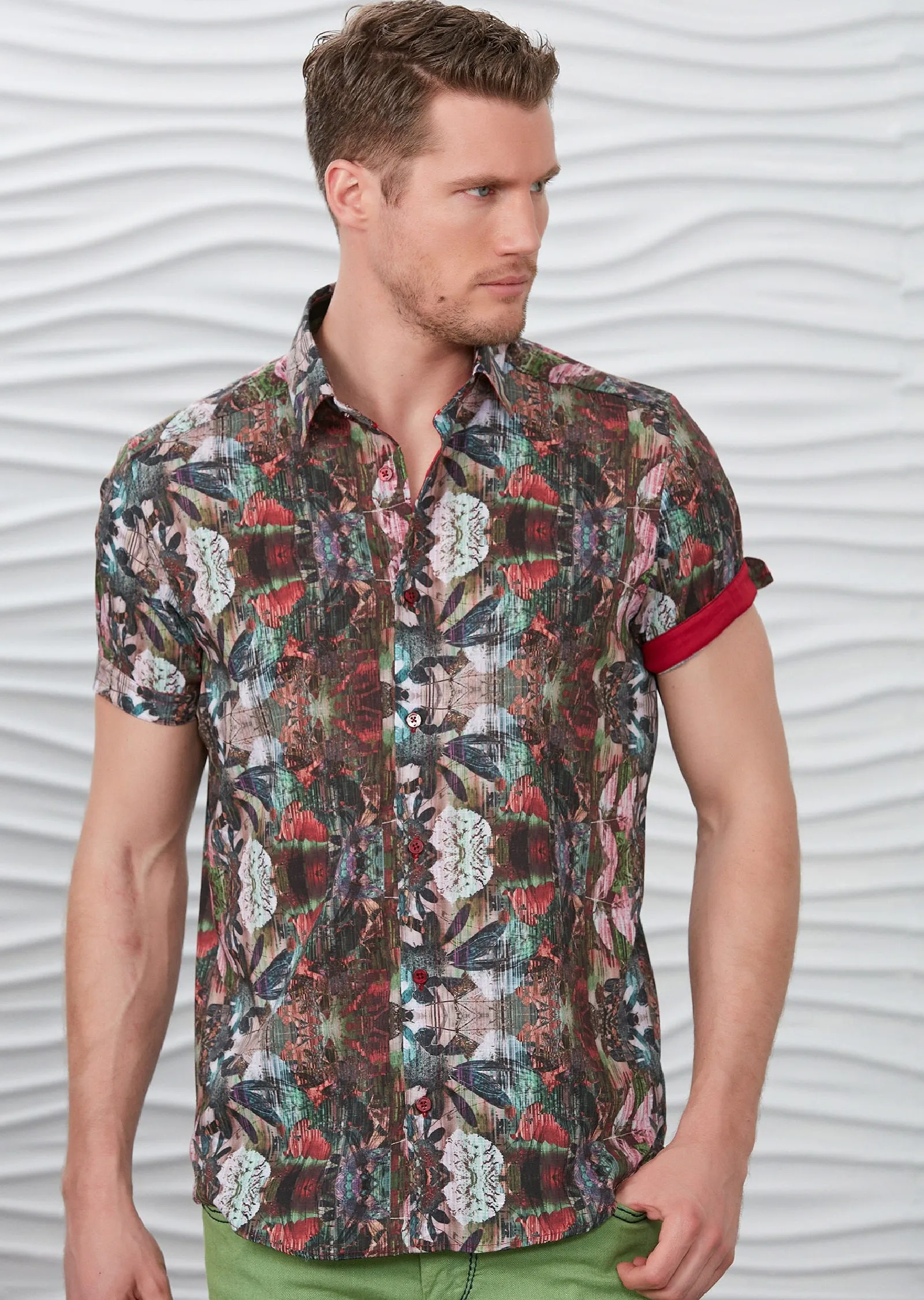 Green Red Floral Short Sleeve Shirt