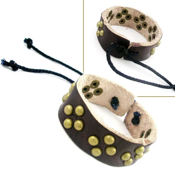 Handmade Leather Bracelet with Rivets and Hemp 0.75" wide