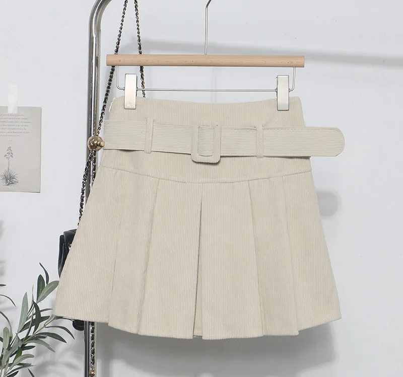 High Waist Pleated Corduroy Short Skirt