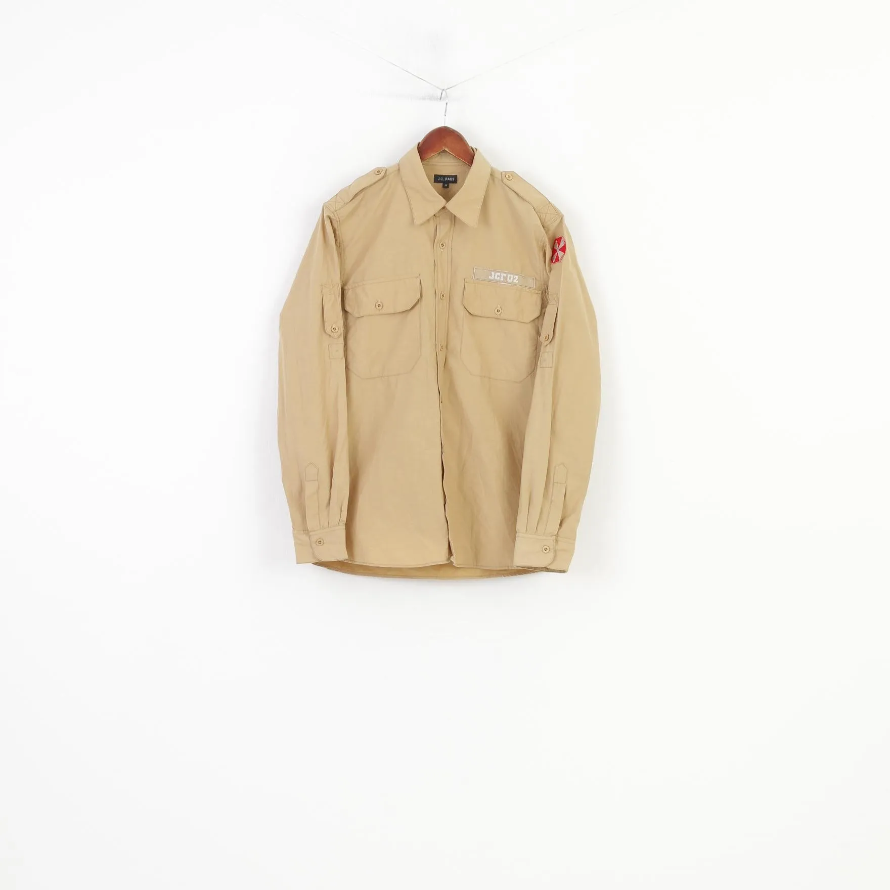 J.C.RAGS Men M Casual Shirt Cotton Beige  Collar Long Sleeve Classic Top