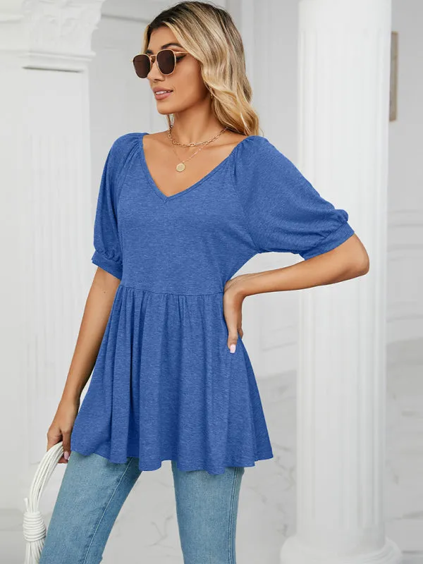 Maricela Women's Spring And Summer New V-Neck Bubble Short-Sleeved T-Shirt Tunic Top Women