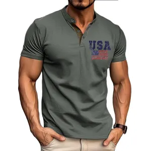 Men's American Flag Print Short Sleeve Button T-Shirt 65699171X