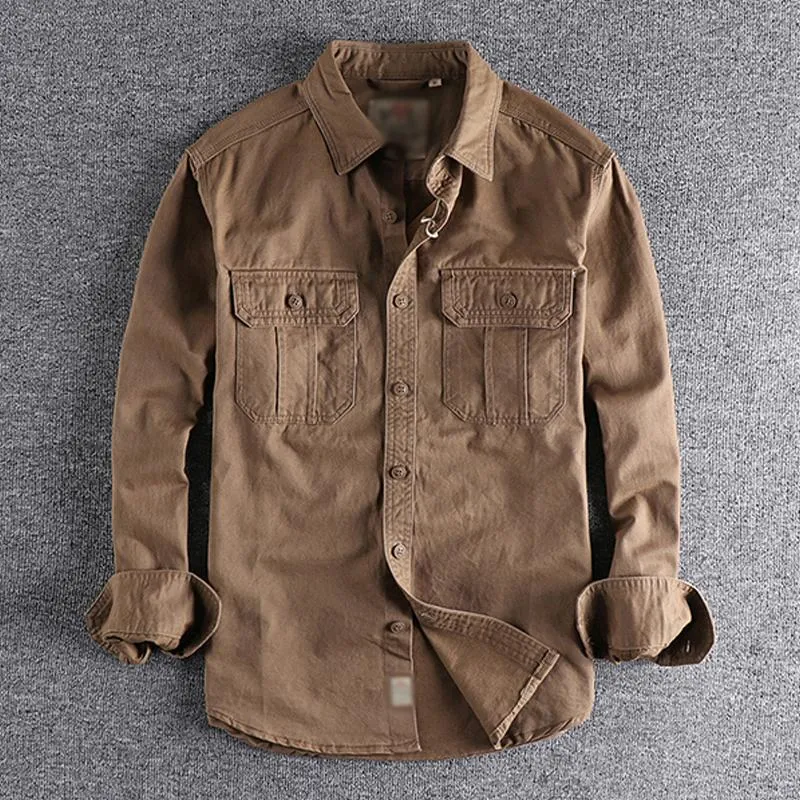 Men's Casual Cotton Flap Pocket Lapel Long Sleeve Shirt 17545101M