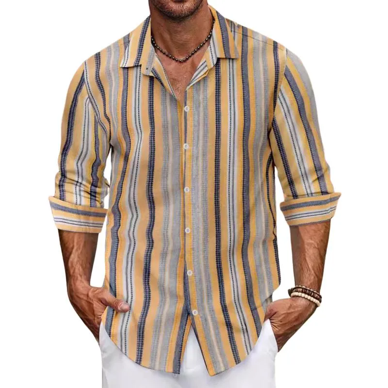 Men's Casual Cotton Linen Contrast Striped Lapel Long-sleeved Shirt 88362441M
