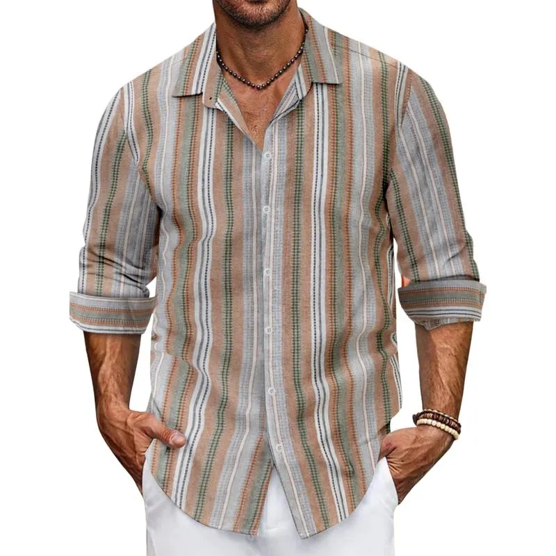 Men's Casual Cotton Linen Contrast Striped Lapel Long-sleeved Shirt 88362441M