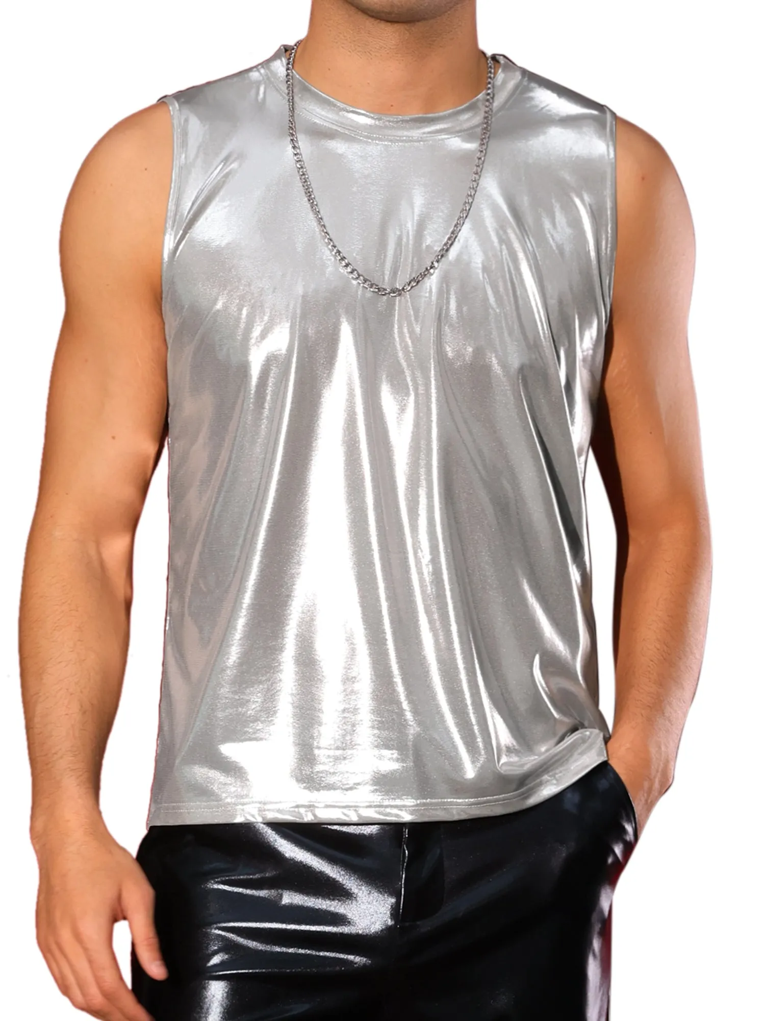 Metallic Tank Tops for Men's Holographic Sleeveless T-Shirt Disco Party Shiny Vest