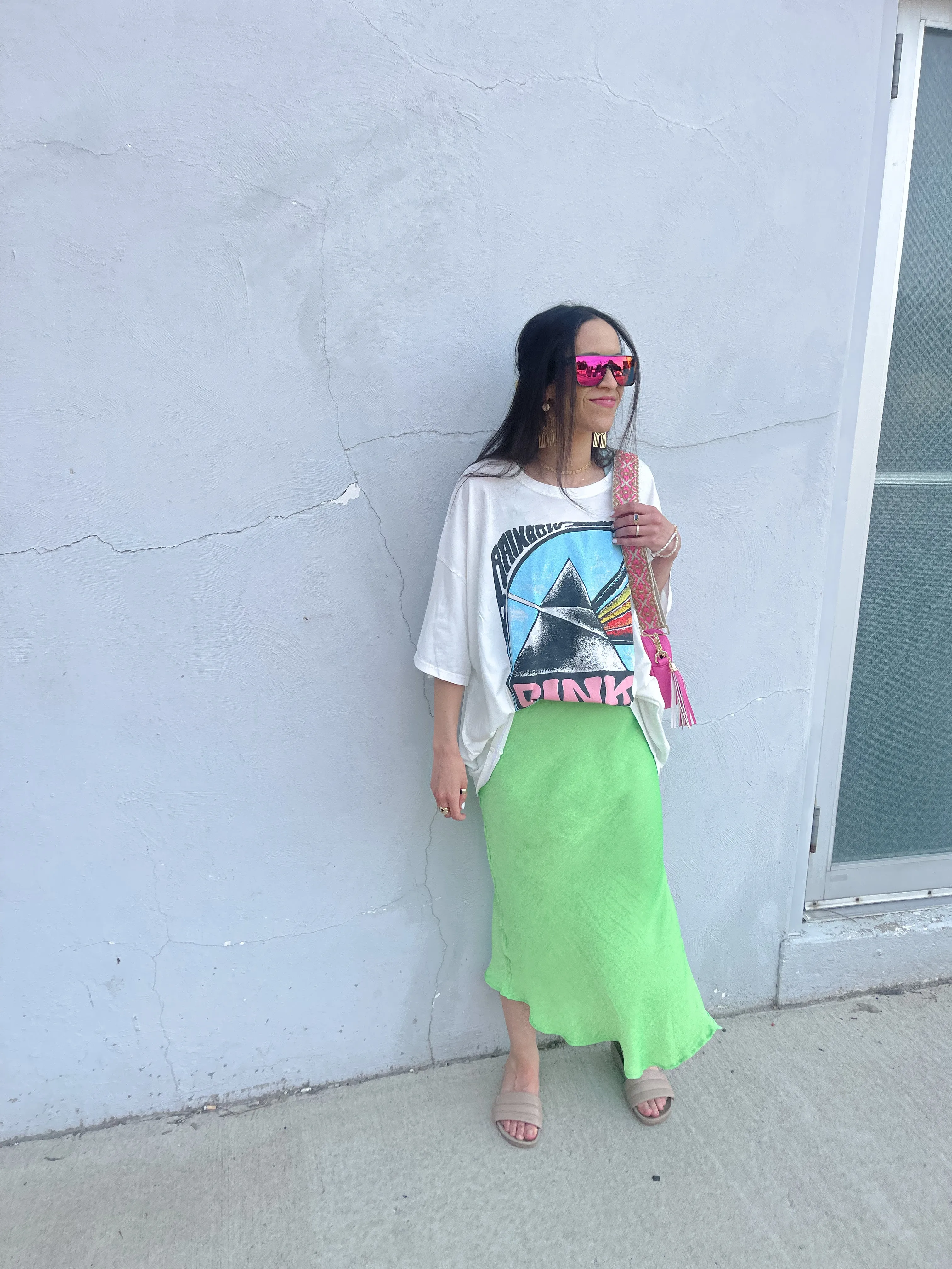 Neon Green Satin Midi Skirt