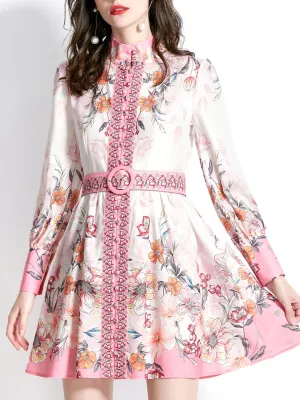 Pink Stand Collar Floral Print Long Sleeve Boho Dress Mini Dress With Belt