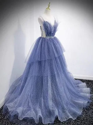 Princess Ball Gown Dusty Blue Tiered Prom Dress