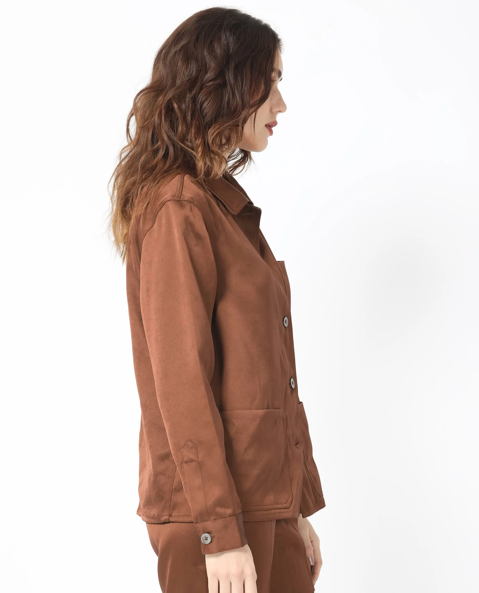 Rareism Women Elika Brown Polyester Fabric Full Sleeves Button Closure Shirt Collar Regular Fit Plain Jacket