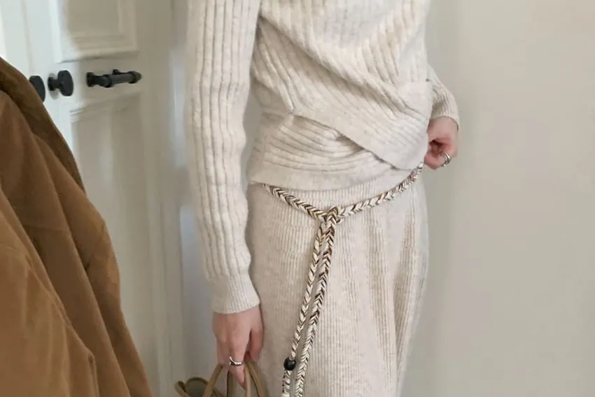 Set: Crew Neck Plain Ribbed Asymmetrical Sweater   High Waist Maxi A-Line Skirt