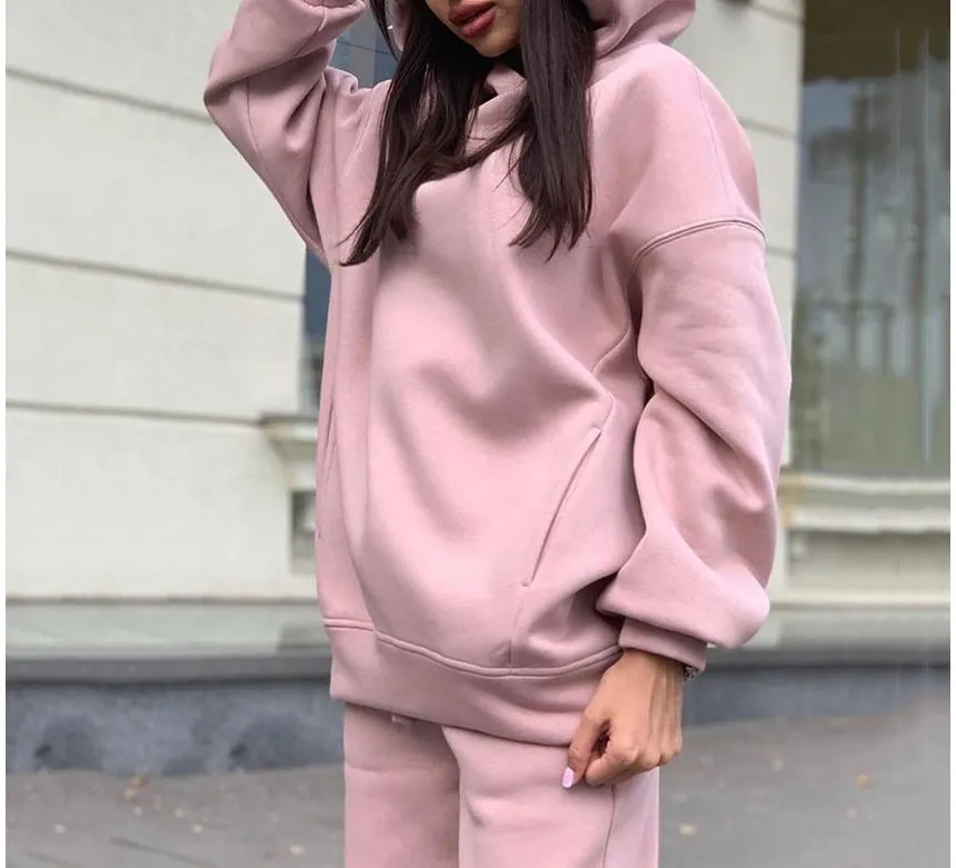 Set: Long Sleeve Plain Loose-Fit Hoodie   Straight-Leg Sweatpants