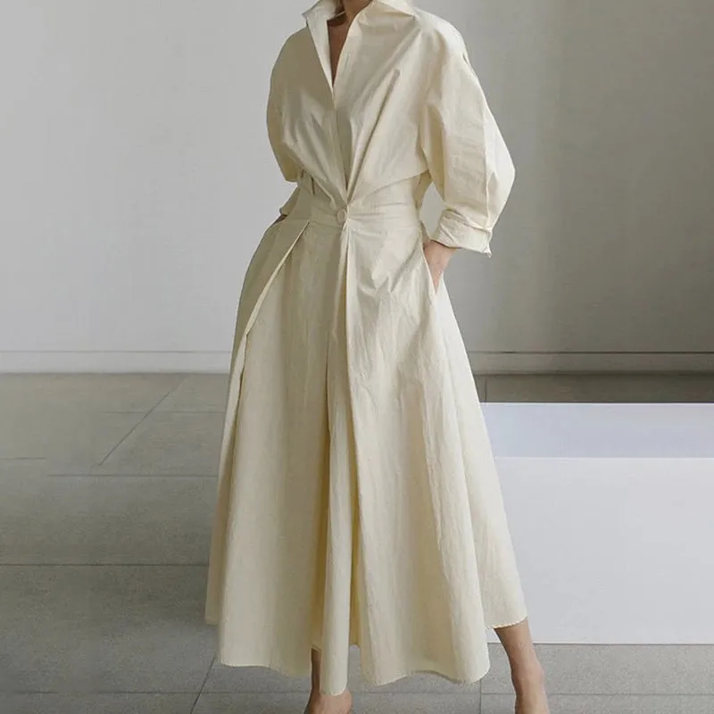 Solid Color Lapel Long Sleeves Casual Midi Shirt Dress