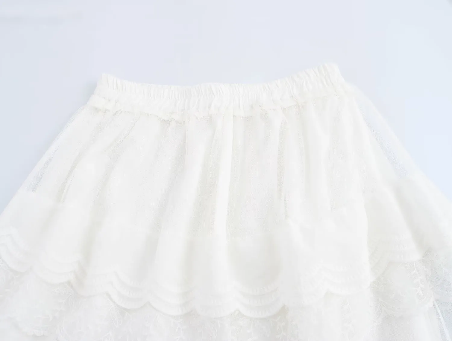 Spring Summer Sweet Mesh Puffy Swing Midi Skirt