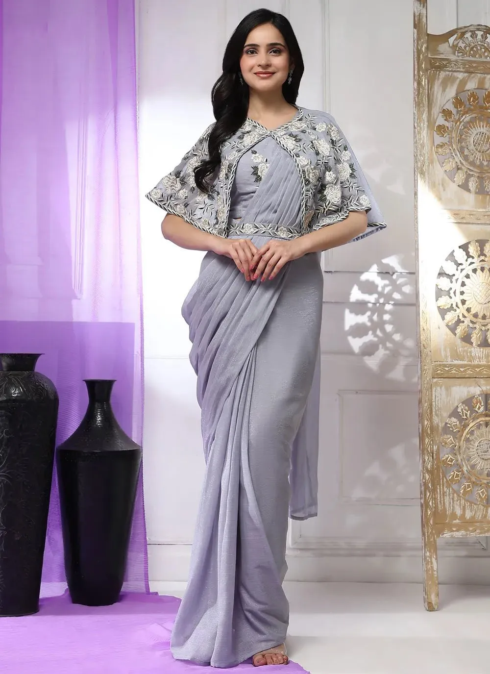 Spun Pearl Imported Chiffon Ready To Wear Saree With Floral Cape
