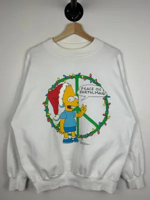 Vintage 90s Simpsons Bart Peace On Earth Man White Crewneck