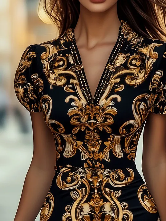 Vintage V-neck Puff Sleeves Baroque Print Bodycon