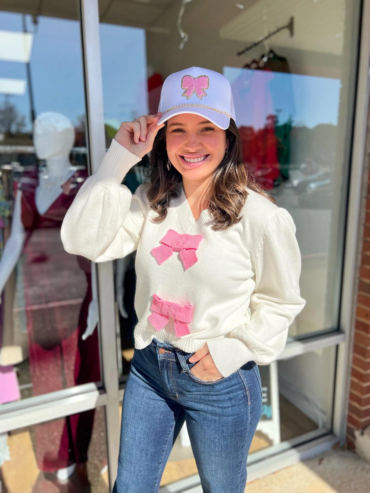 What A Surprise Cream Long Sleeve Sweater with Pink Bow Details