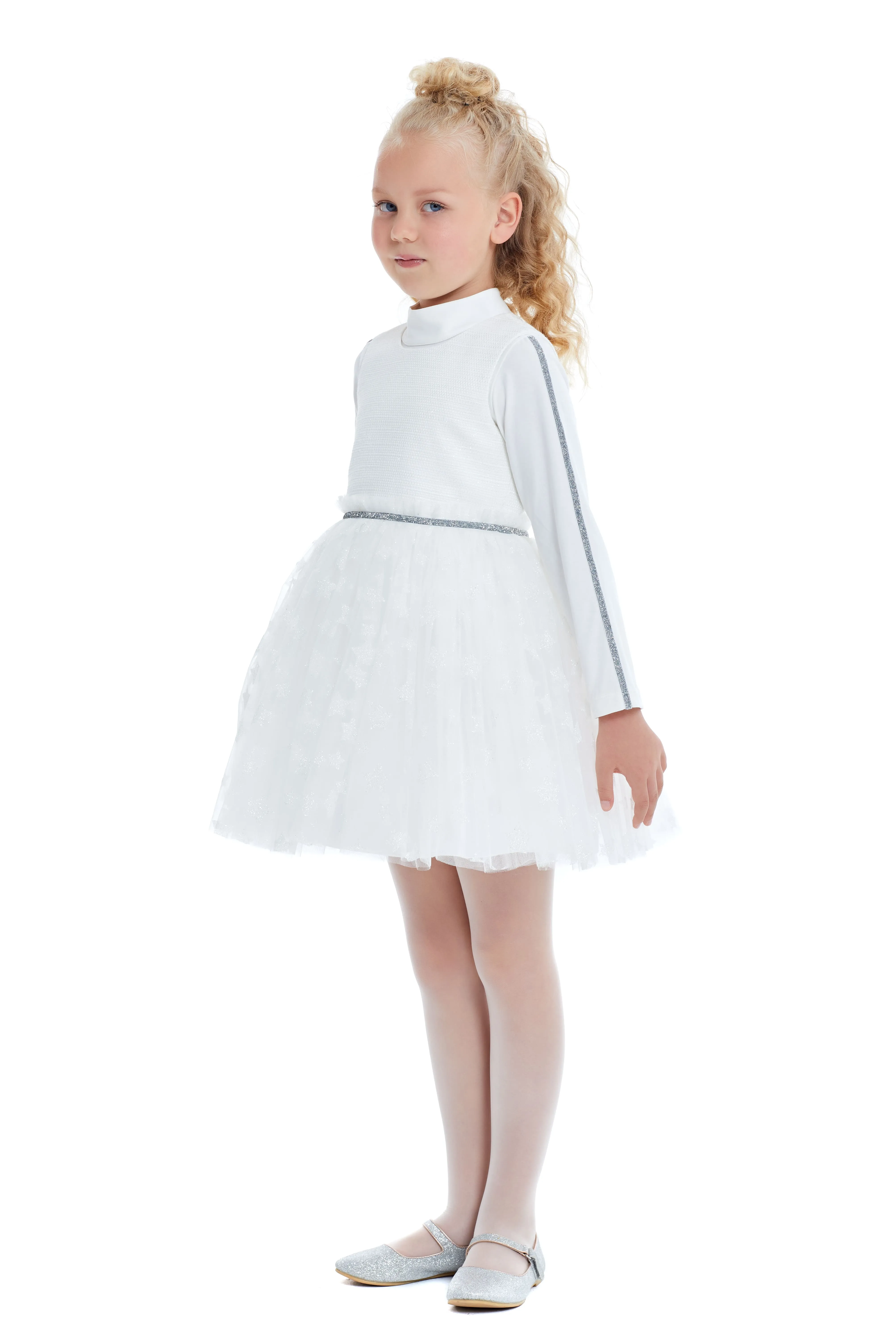 White Christmas Girls Outfit Set with Sleeveless Dress and long-sleeved shirt