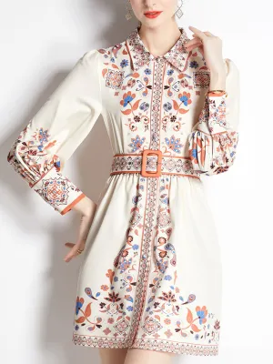 White Romantic Flower Print Long Sleeve With Belt Bohemian Mini Dress For Women