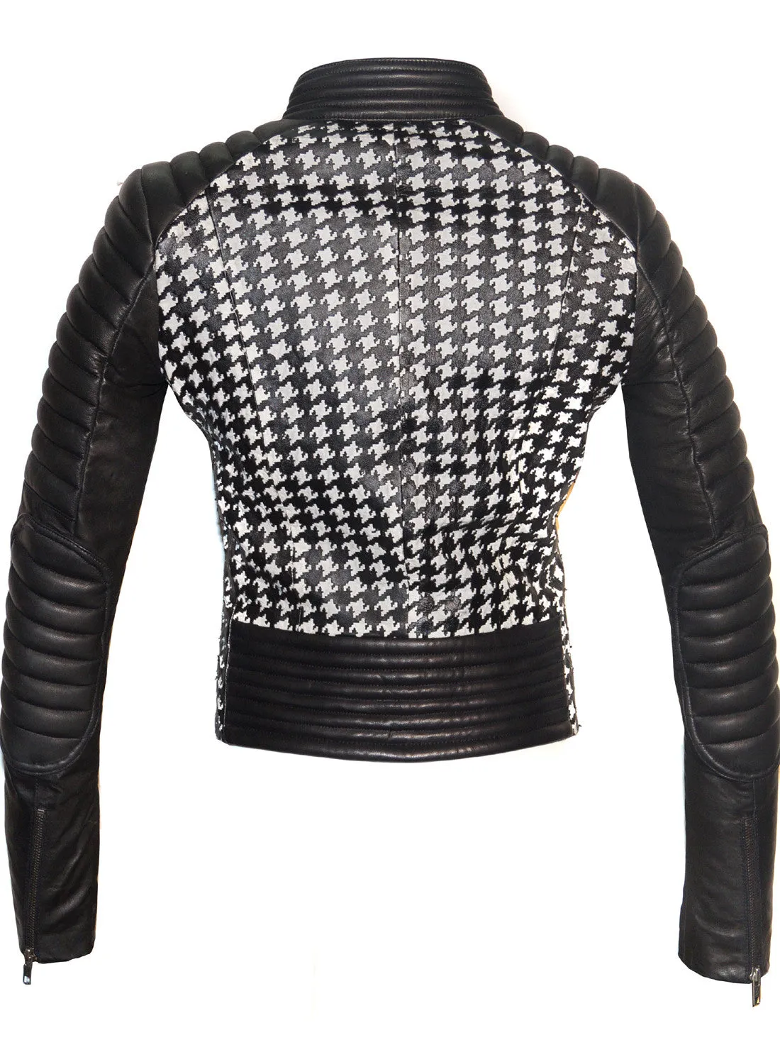 Women Leather Tweed Cut Bonded Biker Jacket