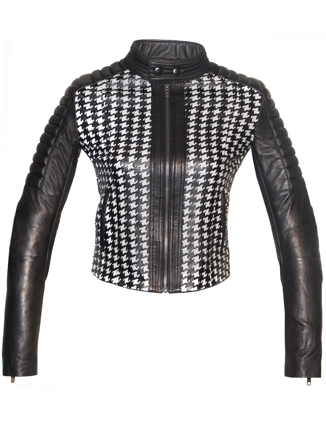 Women Leather Tweed Cut Bonded Biker Jacket