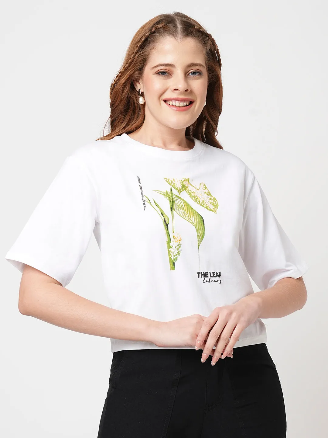 Women Slim Fit White Crop T-Shirt Chest Print